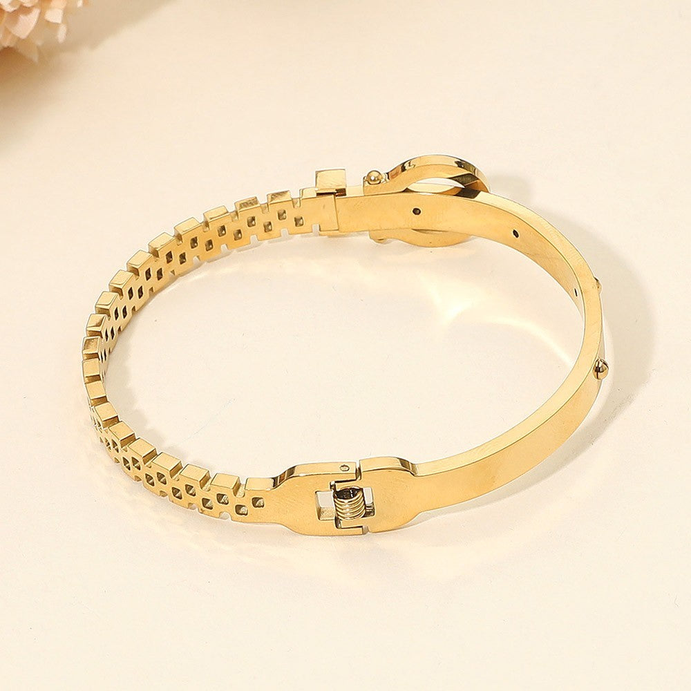 Gold Stainless Steel Horseshoe Buckle Hinged Bangle Bracelet for Women Gift