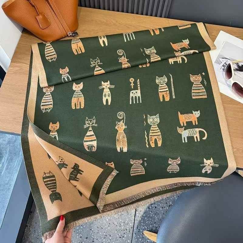Whimsical Cat Print Scarf Shawl Cashmere Feel Winter Accessory