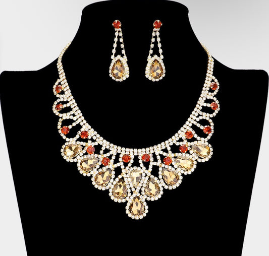 2pcs Sparkling Topaz Gold Rhinestone Teardrop Statement Necklace & Earring Set