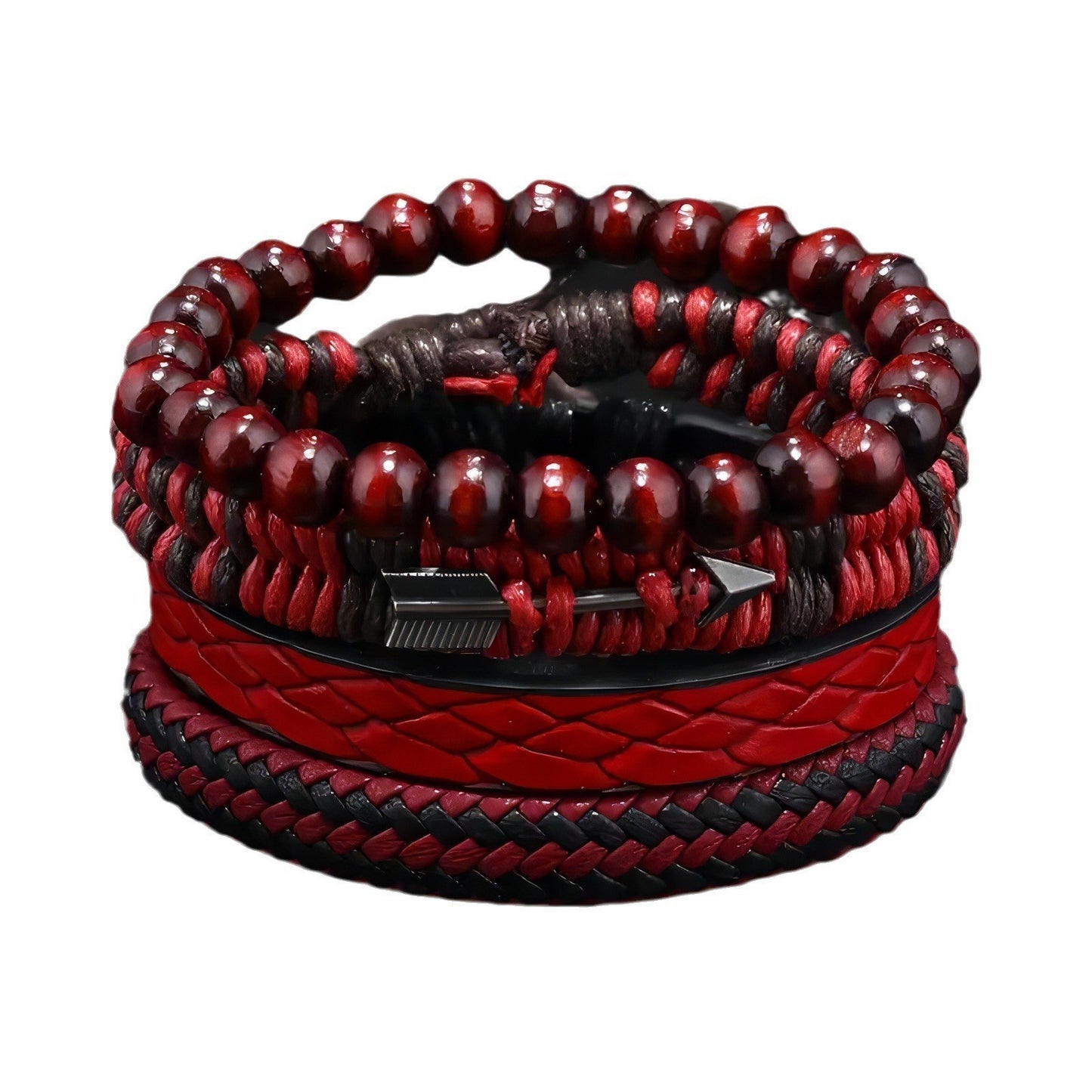 Red & Black Stacked Arrow Leather Bead Men's Bracelet Set - Adjustable Braided S