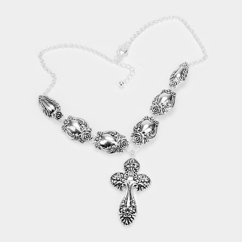 Antique Silver Cross Pendant Necklace for Women Men Vintage Religious Jewelry