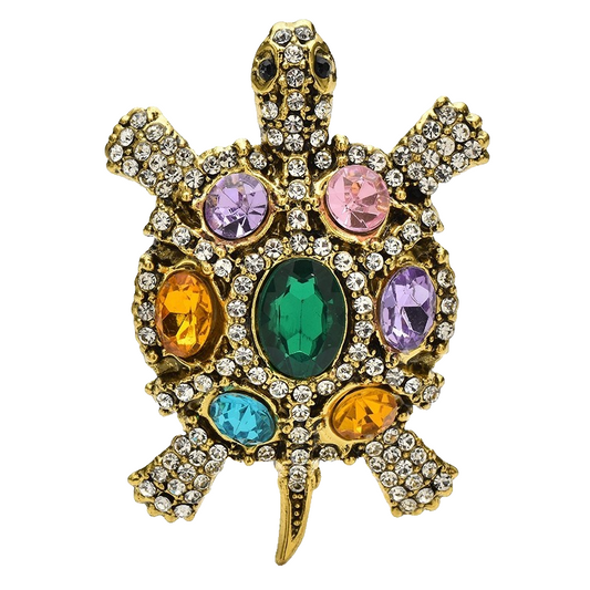 Multicolored  Crystal Turtle Brooch Pin Gold Tone Vintage Style Statement