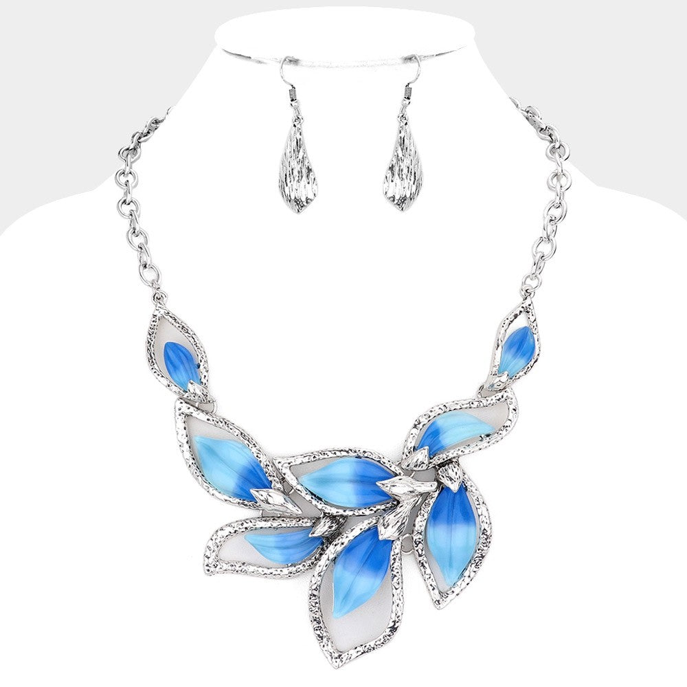 2pc Blue Gradient Leaf Statement Necklace and Dangle Earring Set Silver Tone