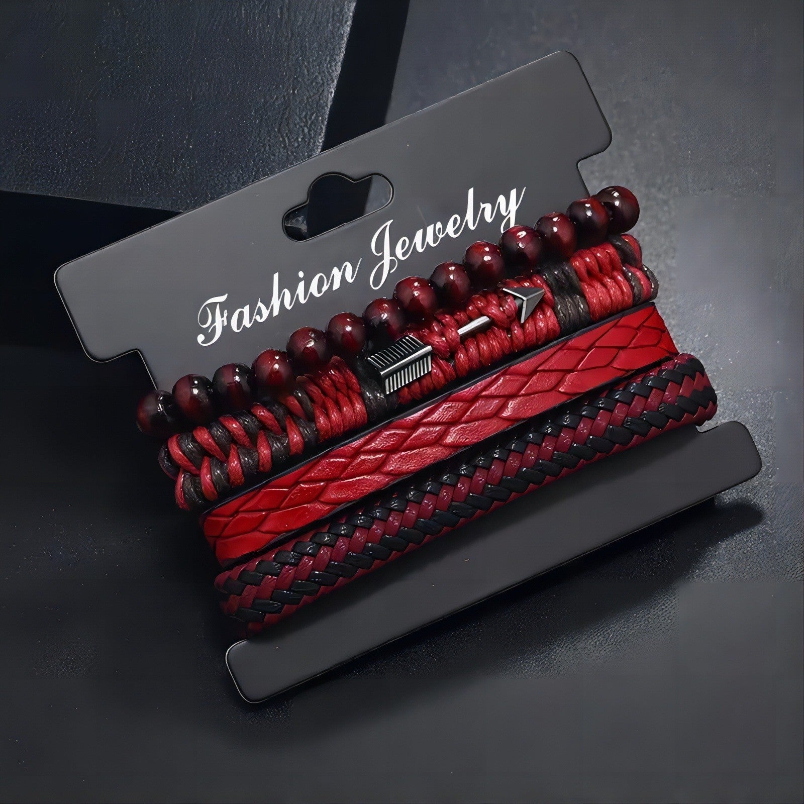 Red & Black Stacked Arrow Leather Bead Men's Bracelet Set - Adjustable Braided S