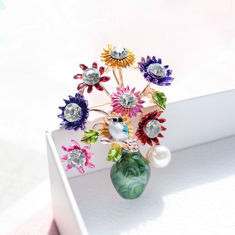 Colorful Enamel Flower Vase Bird Rhinestone Pin Brooch Crystal Statement Gift