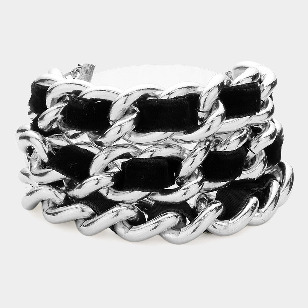 Womens Woven Microfiber Suede Link Silver-tone Chain Cuff Bracelet Lobster Clasp