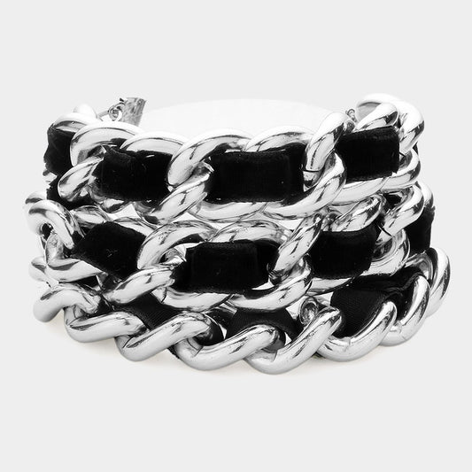 Womens Woven Microfiber Suede Link Silver-tone Chain Cuff Bracelet Lobster Clasp