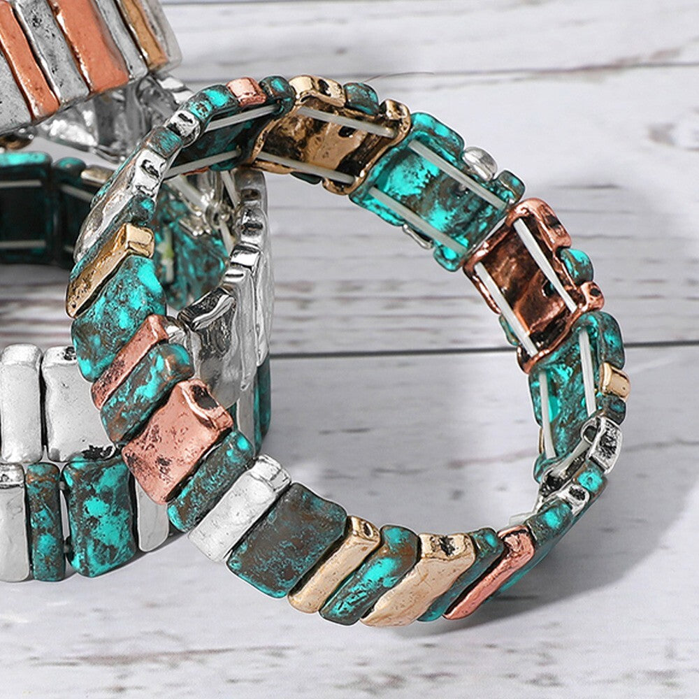 Antique Patina Metal Bar Bracelet Copper Silver Gold Stretch Boho Jewelry