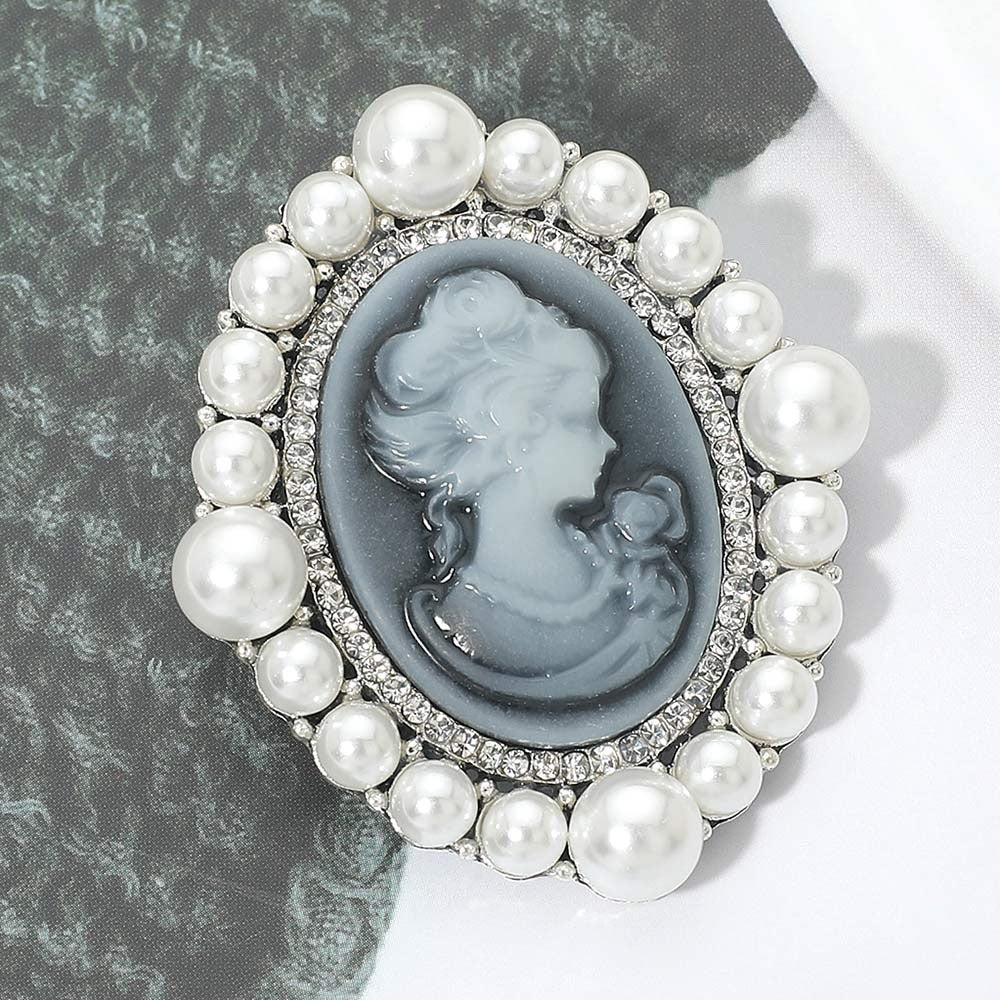 Vintage Style Victorian Grey Cameo Brooch Pearl Rhinestone Trim Statement Pin