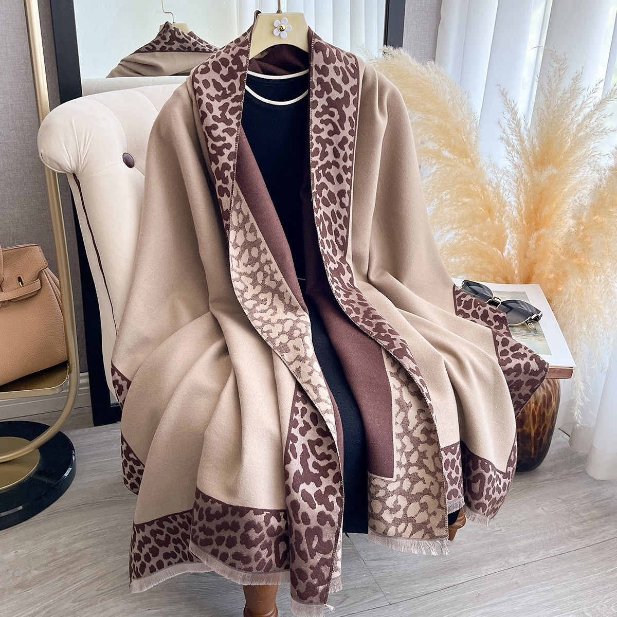 Beige Brown Leopard Print Shawl Scarf Wrap Oversized Women's Winter Gift