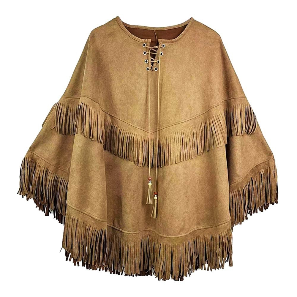 Brown Faux Suede Fringe Poncho Wrap with Lace Up Tassel Tie Neckline Outerwear