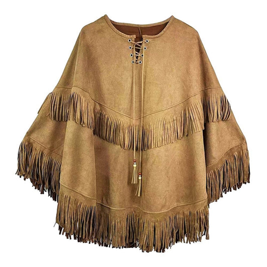 Brown Faux Suede Fringe Poncho Wrap with Lace Up Tassel Tie Neckline Outerwear