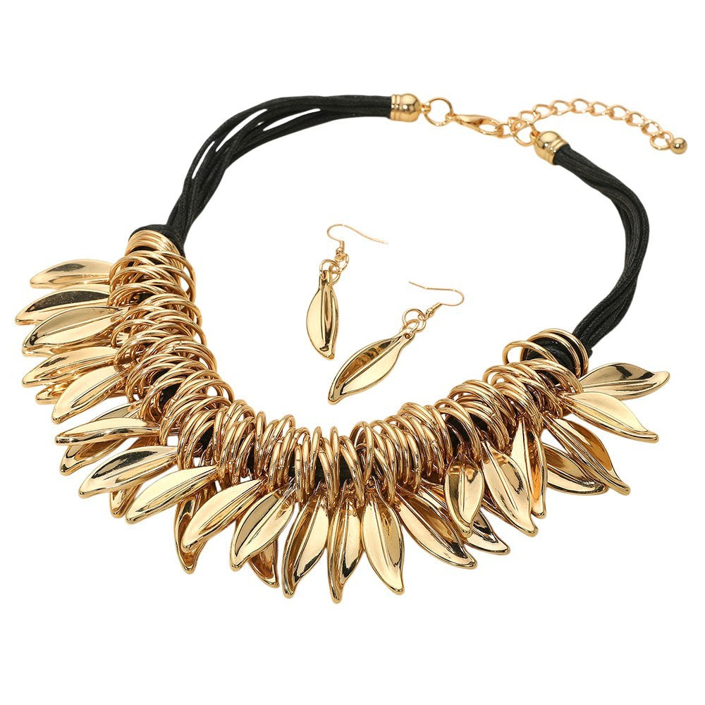 Gold Leaf Statement Necklace and Earring Set for Women Bold Chunky Fashion Jewel