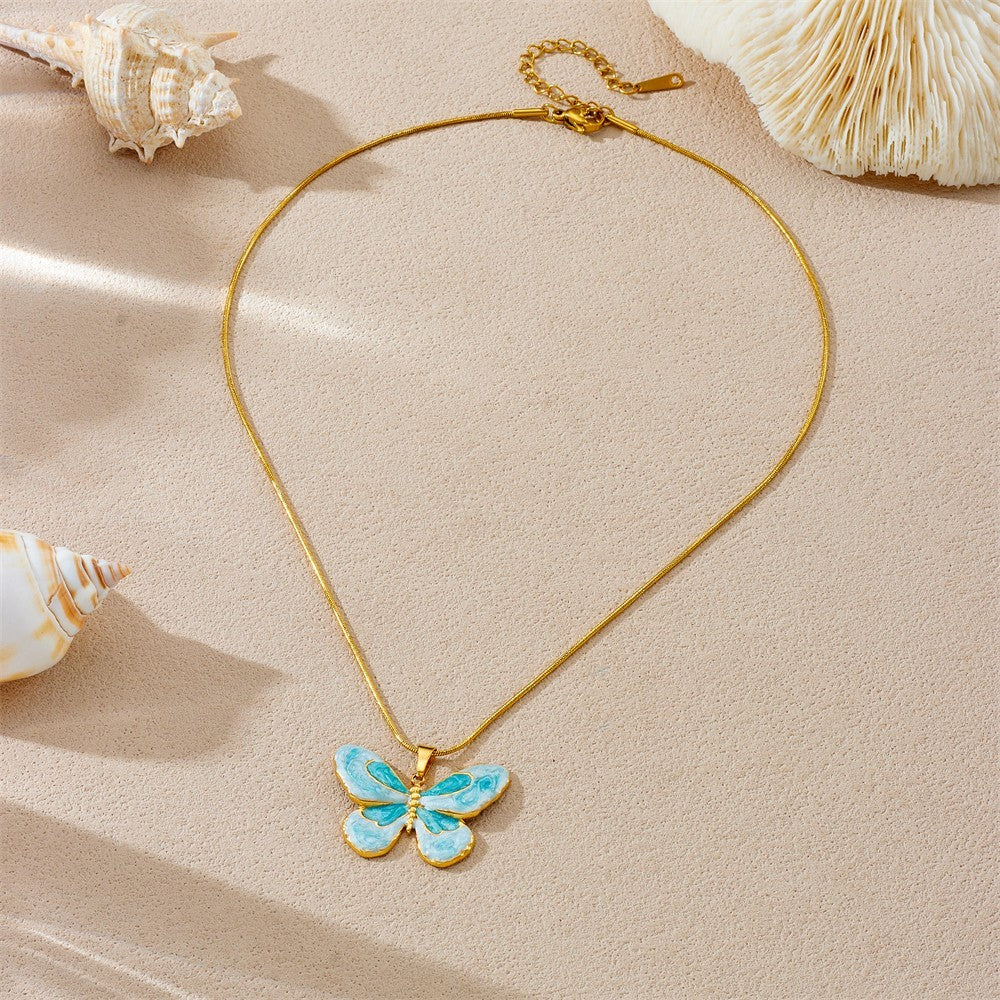 Blue Butterfly Pendant Necklace for Women Gold Tone Chain Fashion Jewelry Gift