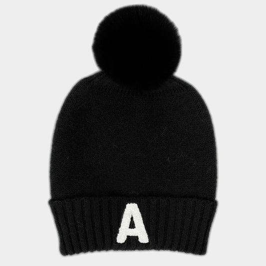 Black Knit Initial "A" Pom Pom Beanie - Cozy Cuffed Winter Scull Cap Hat
