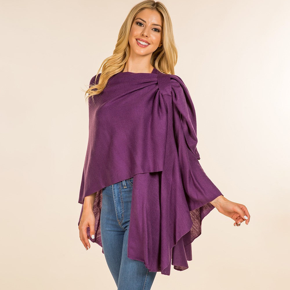 Women's Purple Knit Ruana Poncho Cape Shawl Wrap One Size OS Gathered Shoulder