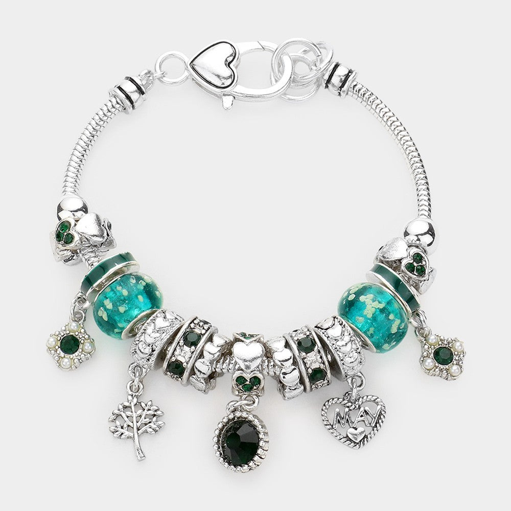 May Birthstone Bracelet with Green Crystal Beads and Heart Charms for Women