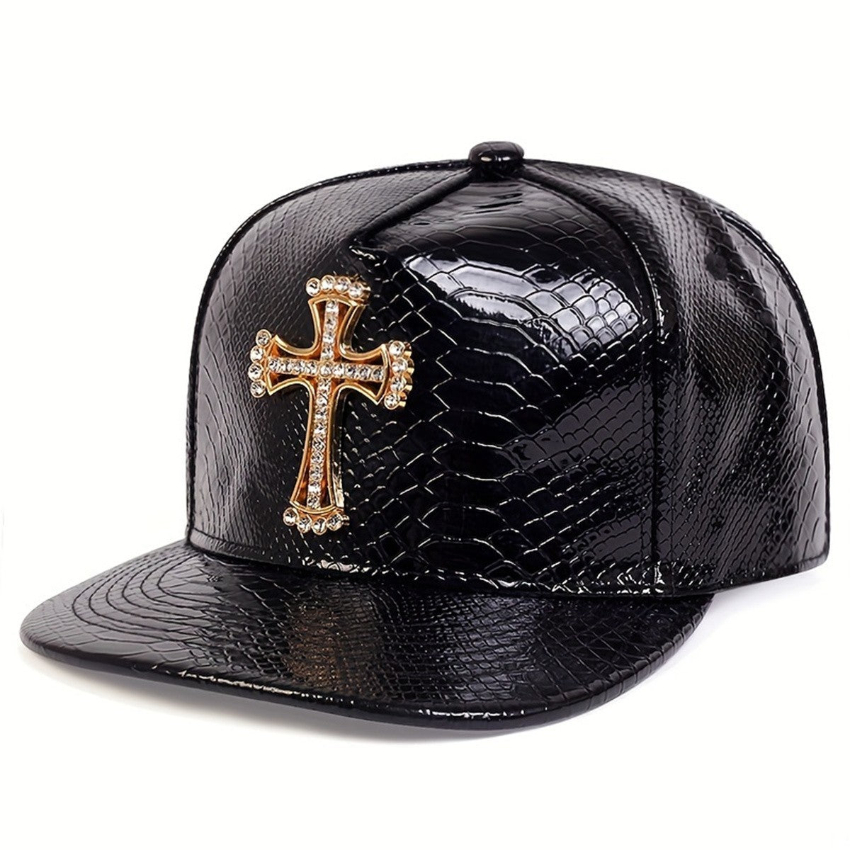 Black Patent Faux Leather Snakeskin Snapback Hat Rhinestone Cross Flat Bill Cap
