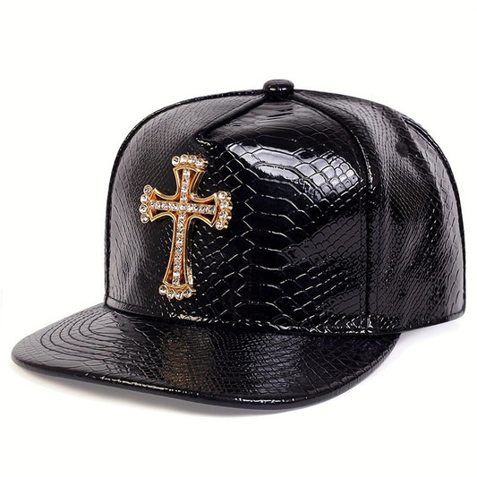 Black Patent Faux Leather Snakeskin Snapback Hat Rhinestone Cross Flat Bill Cap