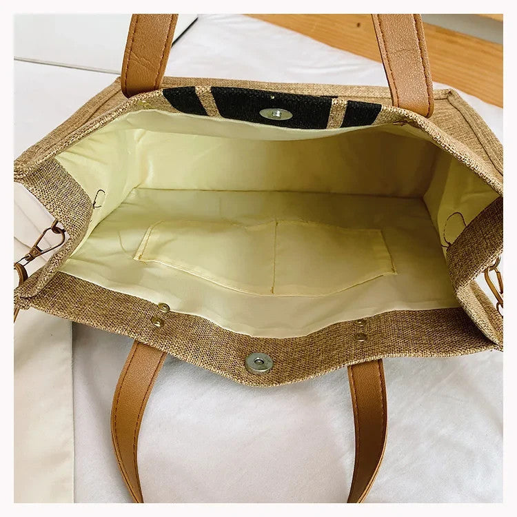 Canvas Stripe Bucket Handbag for Women Large Capacity Casual Tote Shoulder Cross