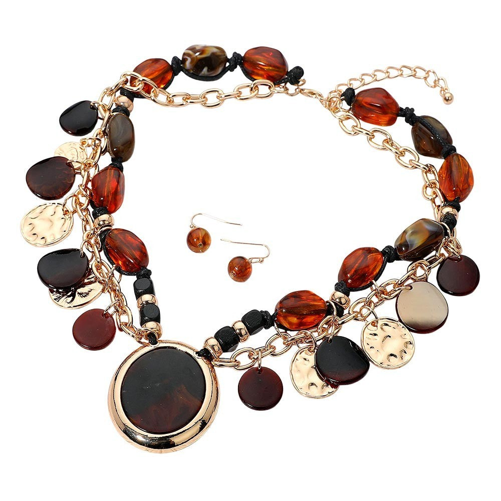 Boho Statement Necklace Earring Set Amber Brown Beads Gold Tone Charm Layered