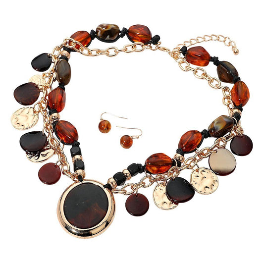 Boho Statement Necklace Earring Set Amber Brown Beads Gold Tone Charm Layered