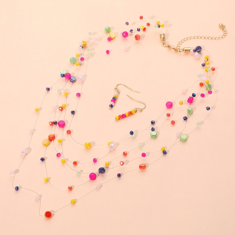 Colorful Multi Strand Seed Bead Illusion Necklace and Earring Set