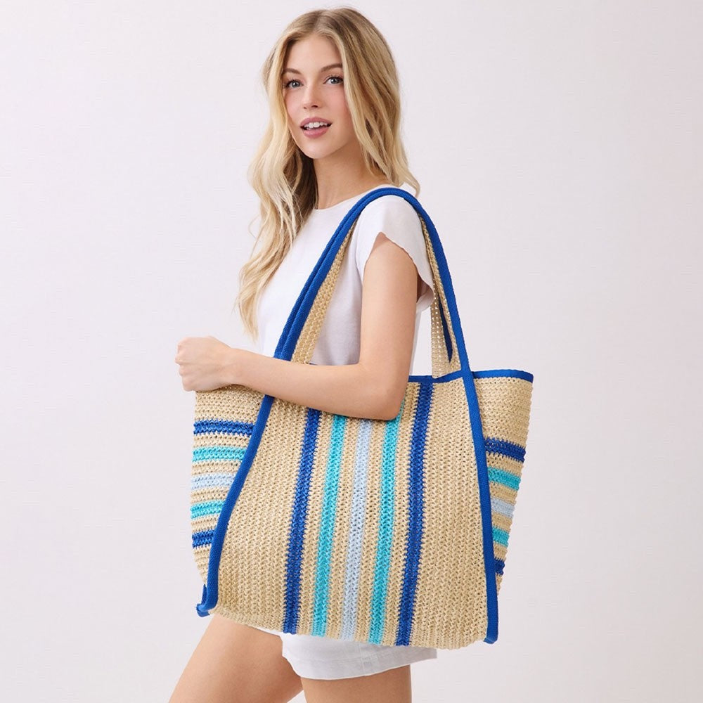 Large Striped Woven Straw Beach Tote Bag with Blue Accents - Summer Shoulder Bag