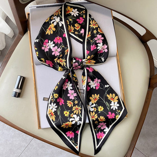 2 Pack Black White Floral Skinny Scarf Set Twilly Foulard Thin Neck Tie Ribbons