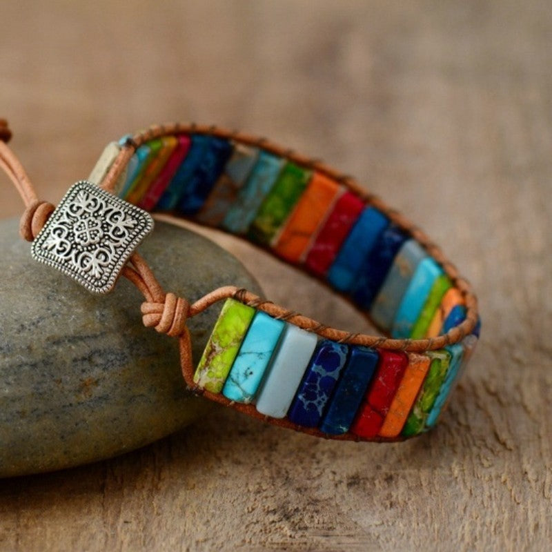 Colorful Jasper Stone Woven Bracelet | Bohemian Leather Cuff with Charm