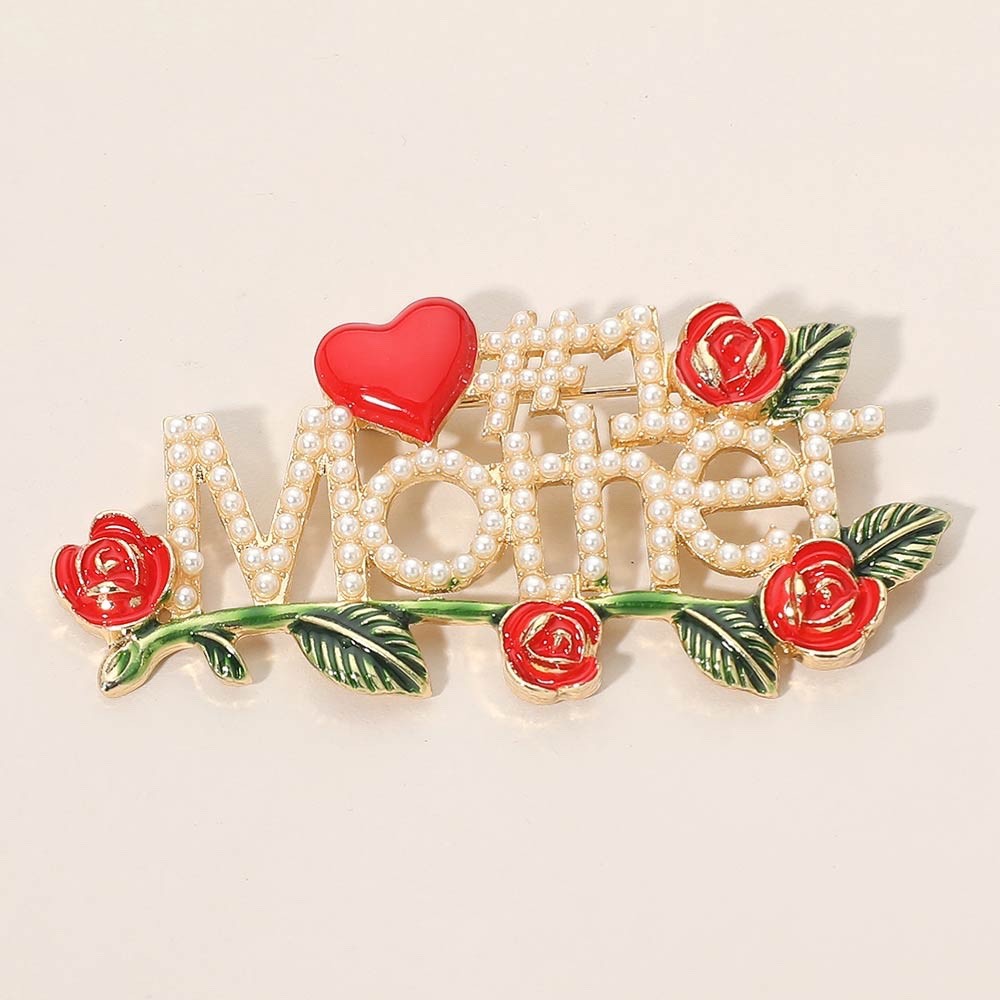 Gold Faux Pearl #1 Mother Brooch Pin with Red Roses and Heart Accent