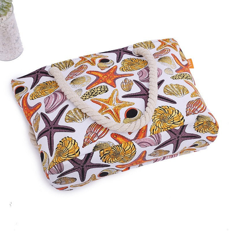 Canvas Starfish Print Tote Bag for Women Large Capacity Ocean Style Shoulder Bag