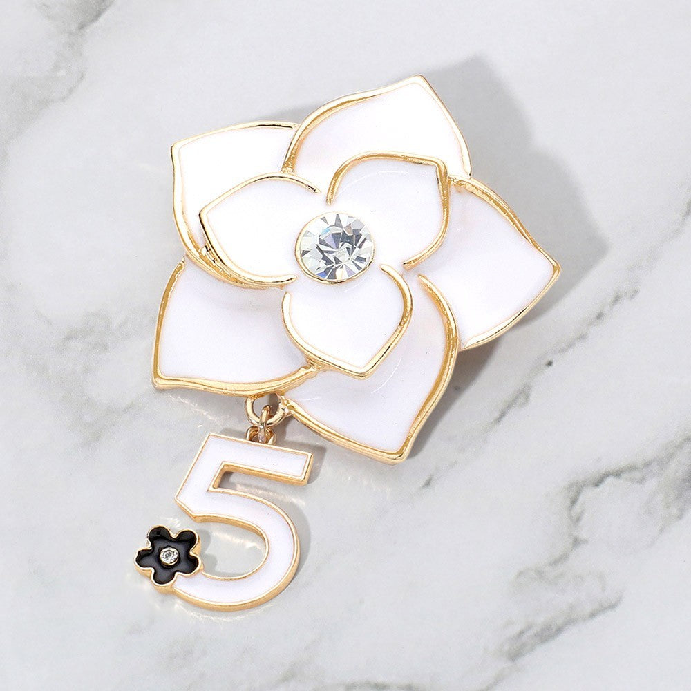 Gold Tone CZ Stone Pointed Enamel Flower Pin Brooch with Number 5 Dangle Charm