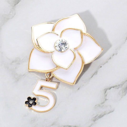 Gold Tone CZ Stone Pointed Enamel Flower Pin Brooch with Number 5 Dangle Charm