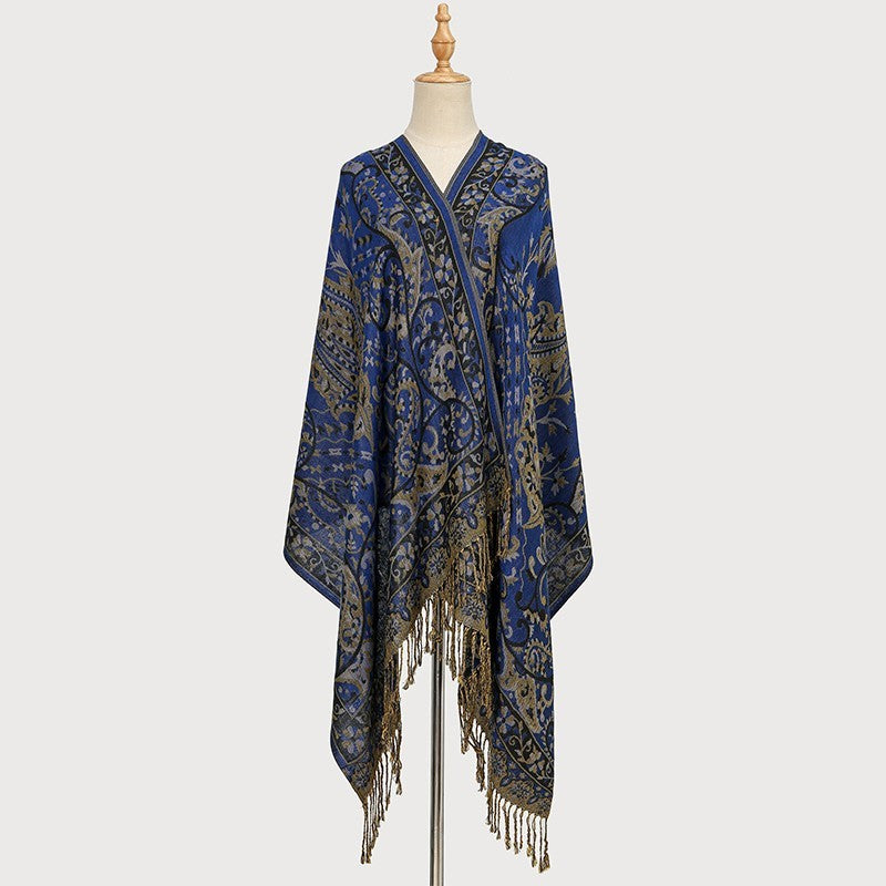 Navy Gold Paisley Pashmina Scarf for Women Soft Warm Elegant Fringe Wrap