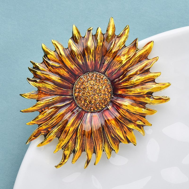 Vintage Style Sunflower Brooch Pin Yellow Amber Rhinestone Crystal Flower Gift