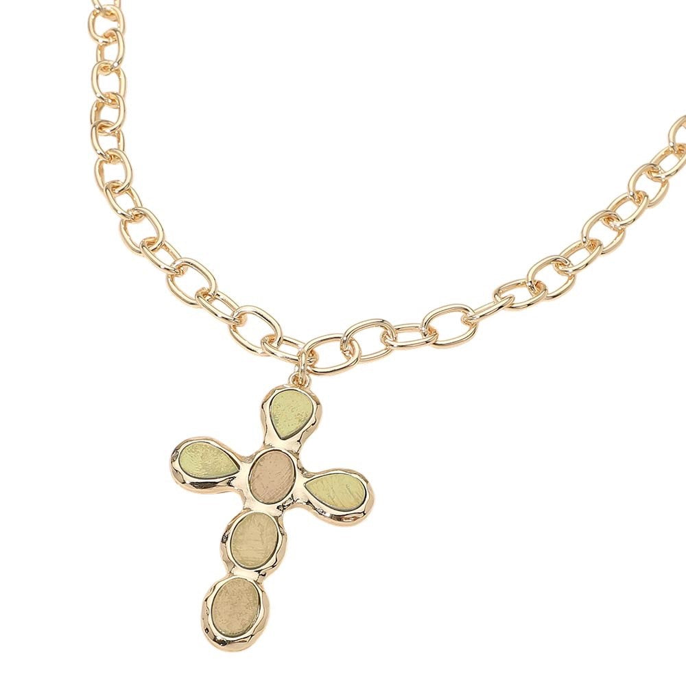 Gold Tonal Inlay Cross Pendant Chunky Link Necklace Western Boho Statement