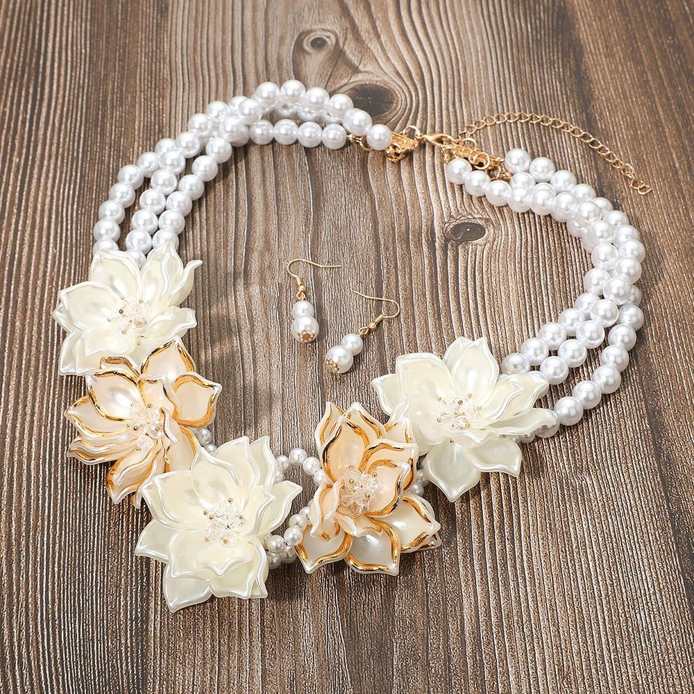 Two-Tone Pearly Floral Link 3-Strand Faux Bead Statement Necklace with Earrings
