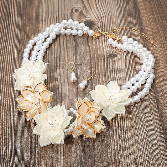 Two-Tone Pearly Floral Link 3-Strand Faux Bead Statement Necklace with Earrings