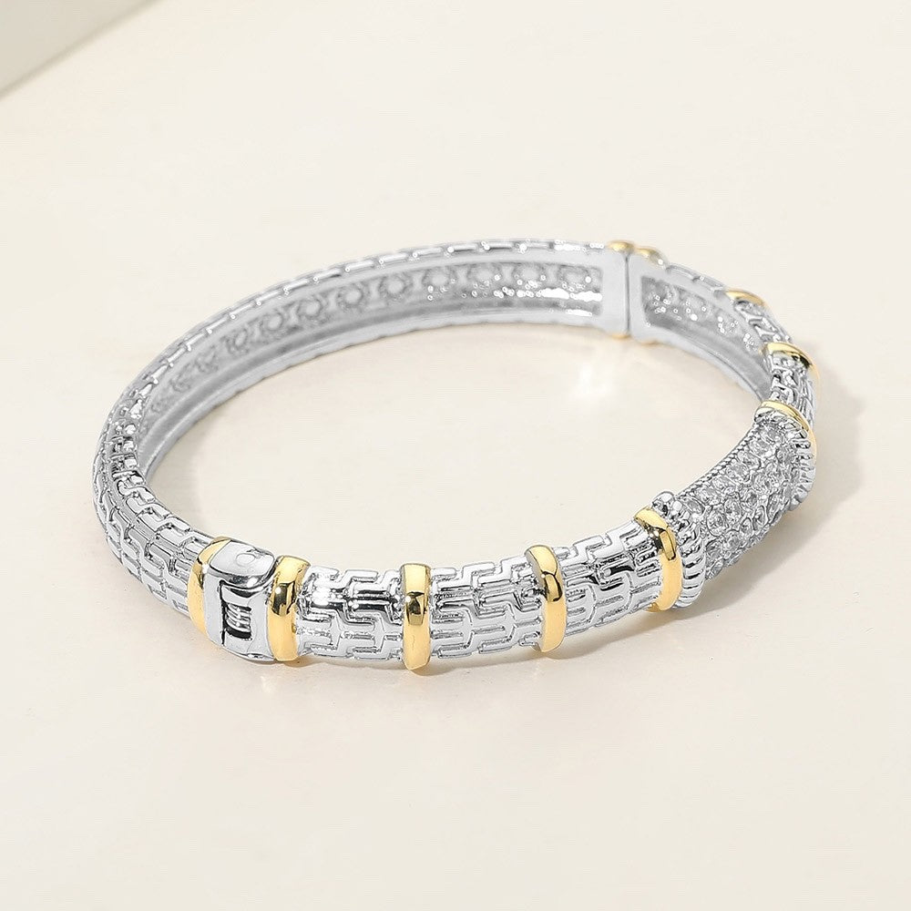 Elegant Two-Tone Greek Key Pave Crystal Hinge Bangle Bracelet