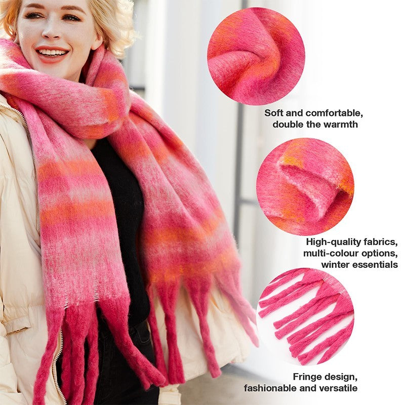 Women's Pink Striped Knitted Tassel Scarf Winter Warm Cozy Pashmina Shawl