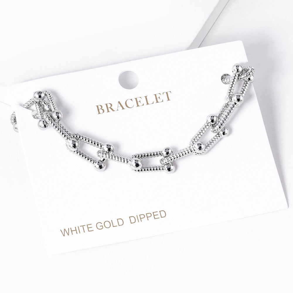 White Gold Dipped Textured Metal Chain Bracelet for Women Girls Fashion Jewelry