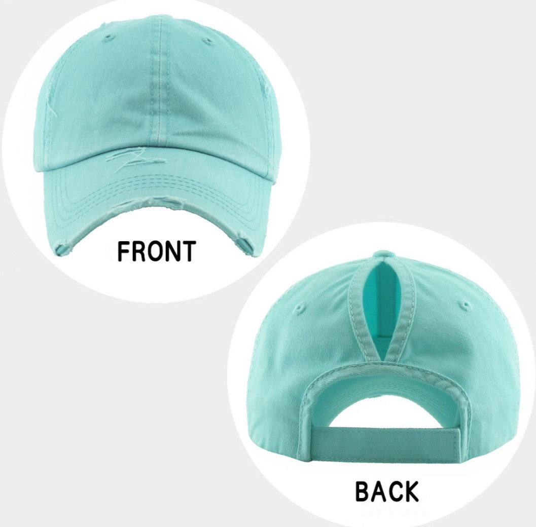Women Distressed Teal Cotton Baseball Cap Adjustable Ponytail Mesh Back Hat