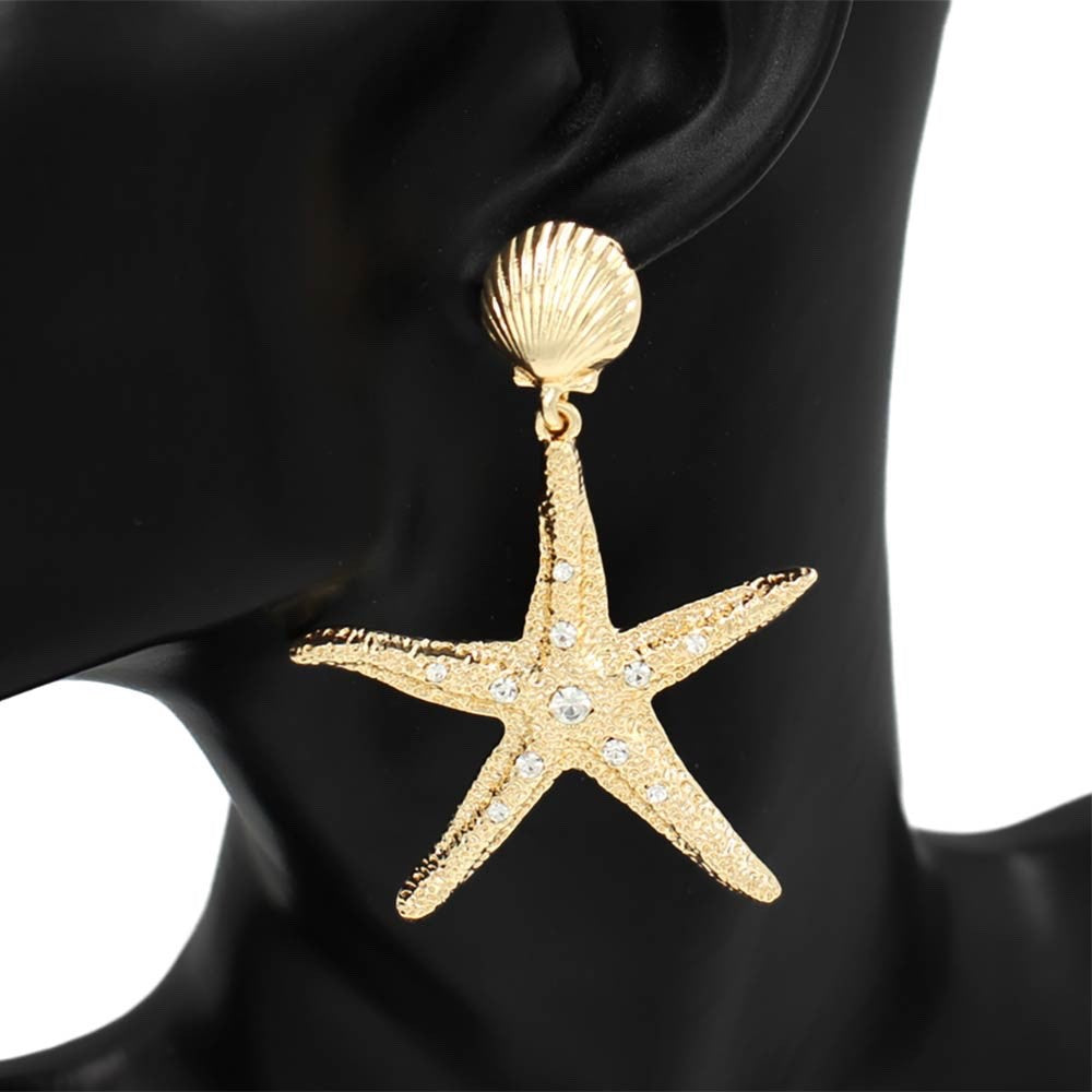 Gold Crystal Starfish & Seashell Drop Earrings Beach Vacation Statement Jewelry