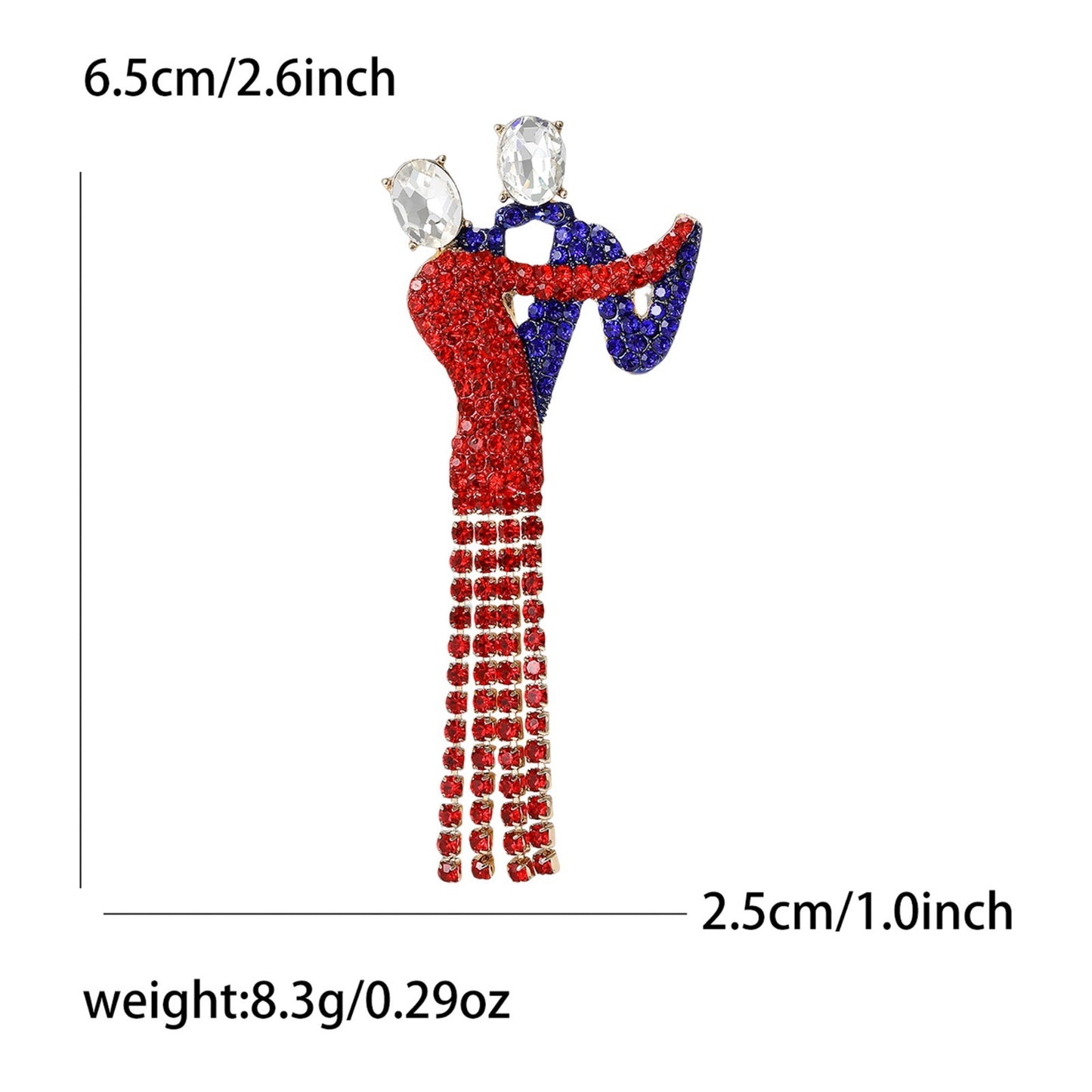 Ballroom Dancer Rhinestone Figural Brooch Pin Red Blue Crystal Tassel 2.48"