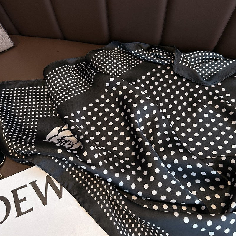 Silk Feel Polka Dot Scarf with Rose Print  Black & White Fashion Accessory Women