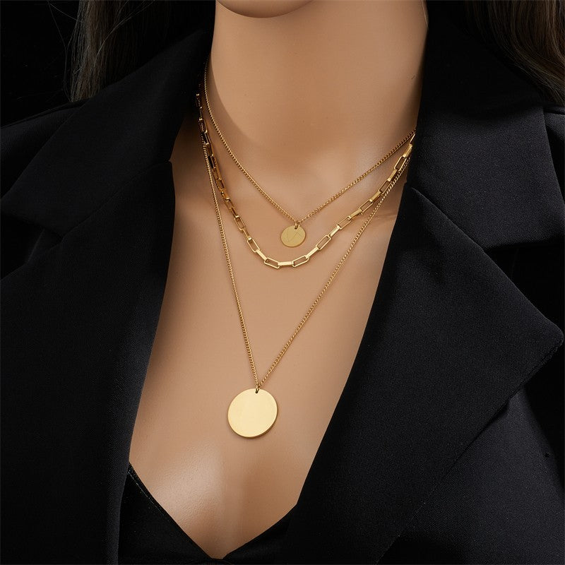 Gold Layered Disc Pendant Necklace Set Women Statement Chain Choker Jewelry Gift