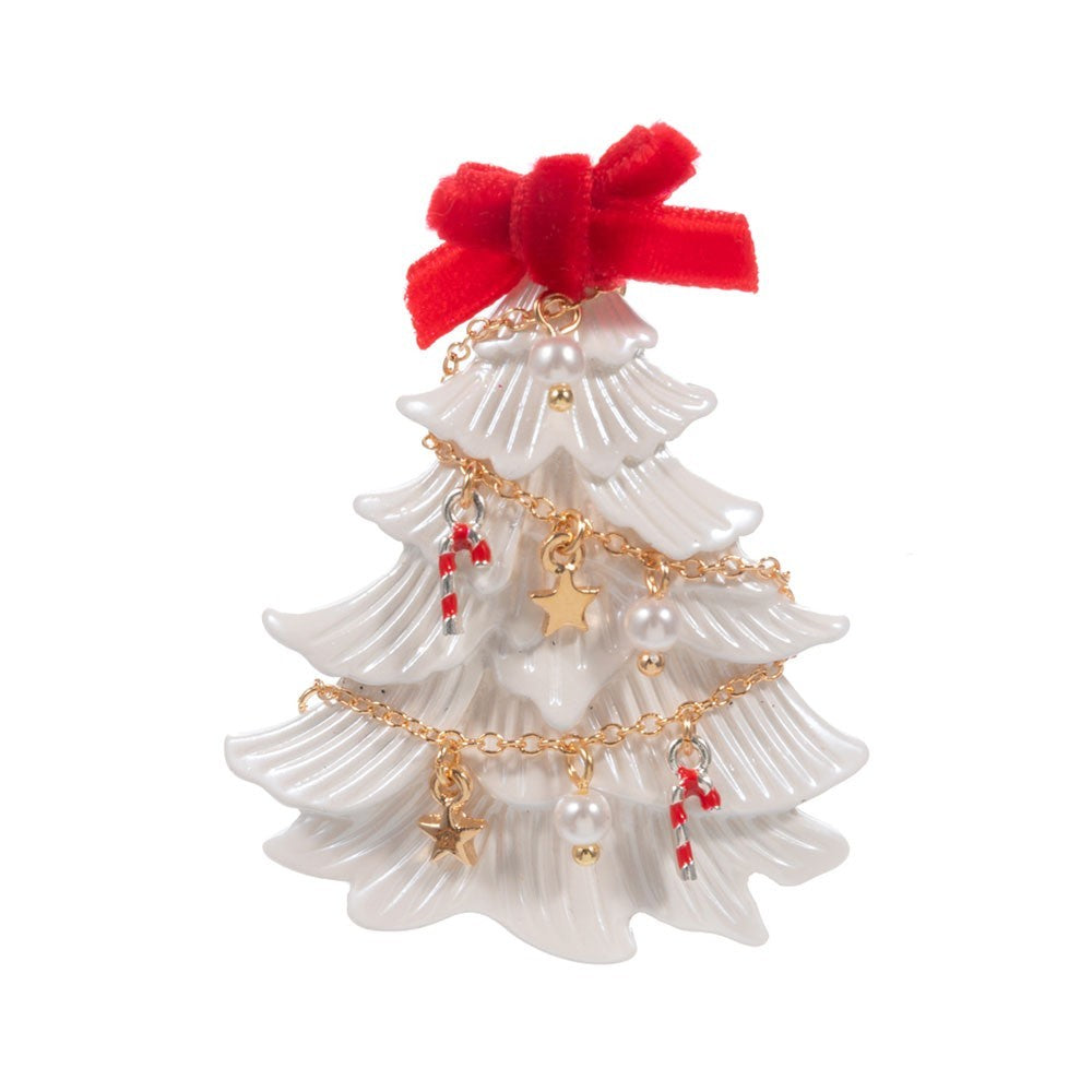 Festive Bow Top Christmas Tree Pin Brooch Lapel Pin with Gold-tone Chain Garland