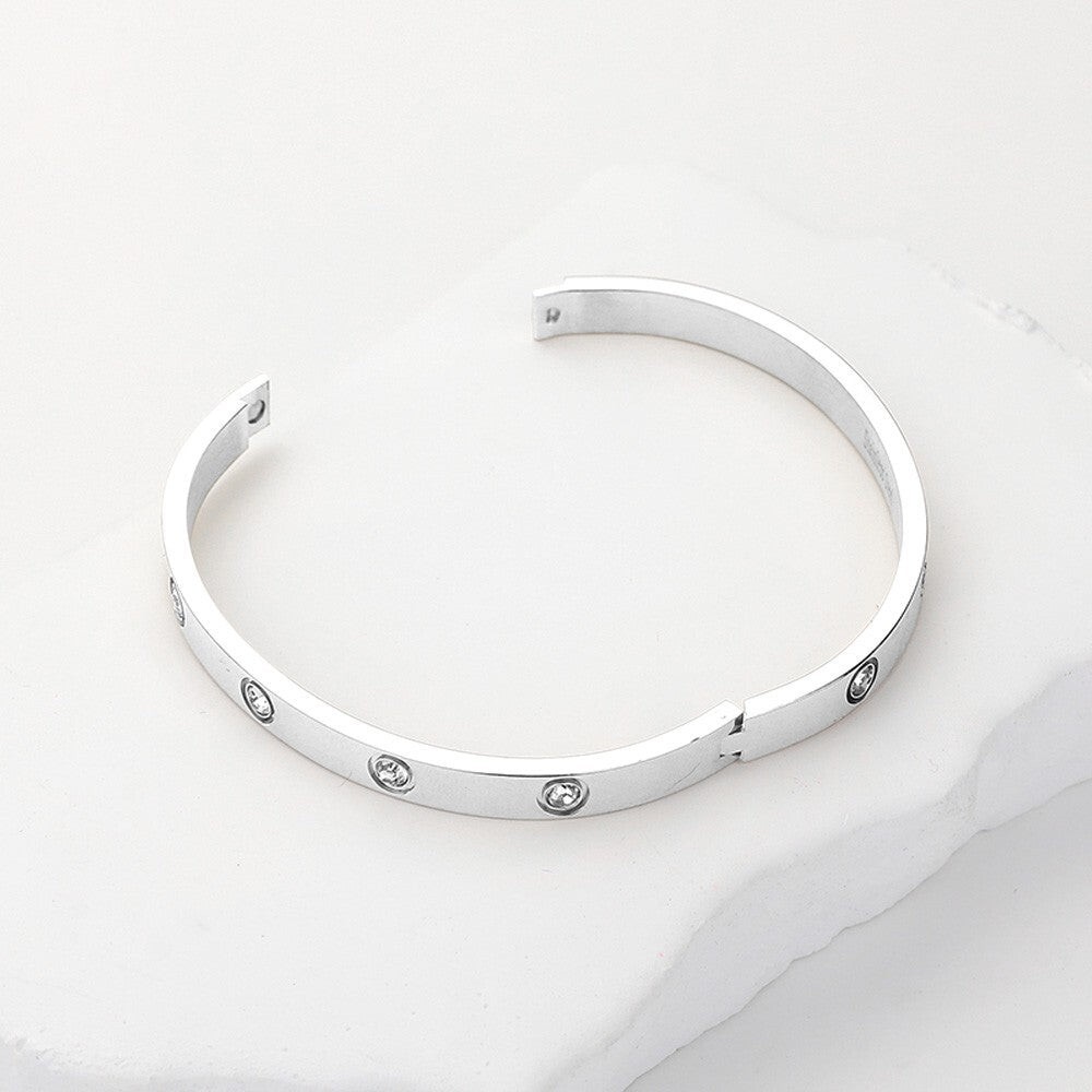 2PC Stainless Steel Bangle Bracelet Set Silver & Gold Tone Crystal Hinged Cuff