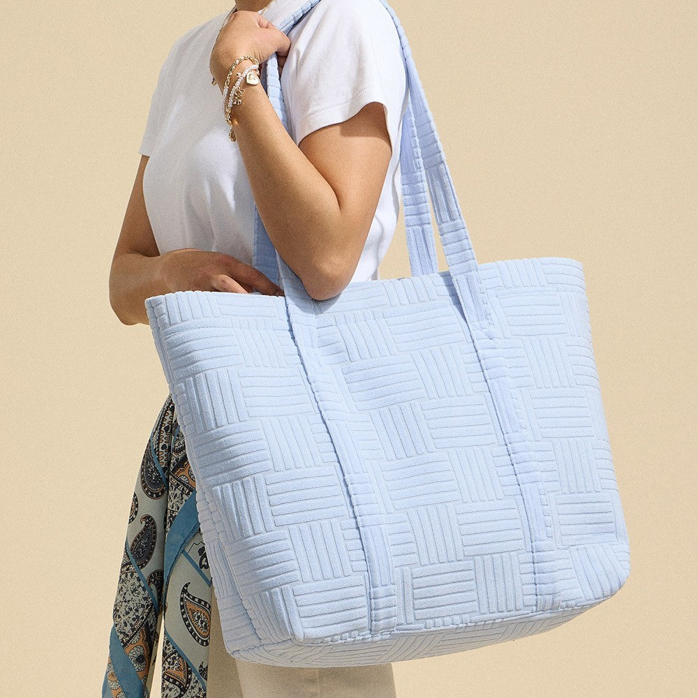 Womens Grid Pattern Everyday Tote Bag Light Blue 100% Polyester Double Handles